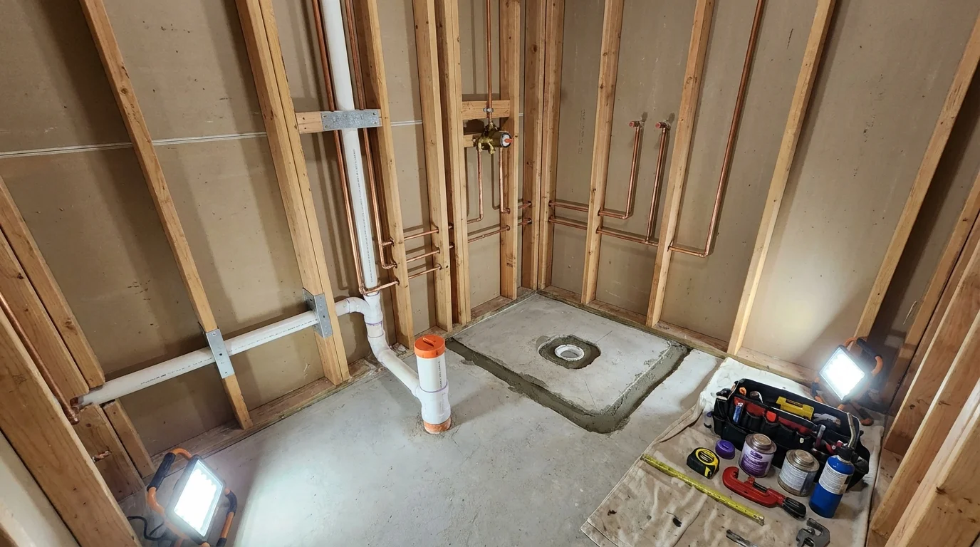 Bathroom rough-in plumbing during remodel by Johns Plumbing LLC in Polson